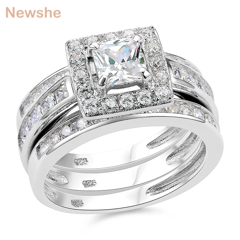 Newshe Princess Cut CZ, 3 шт., Твердое Серебро 925 пробы, обручальное кольцо, набор, модные украшения для женщин, размер 5, 6, 7, 8, 9, 10