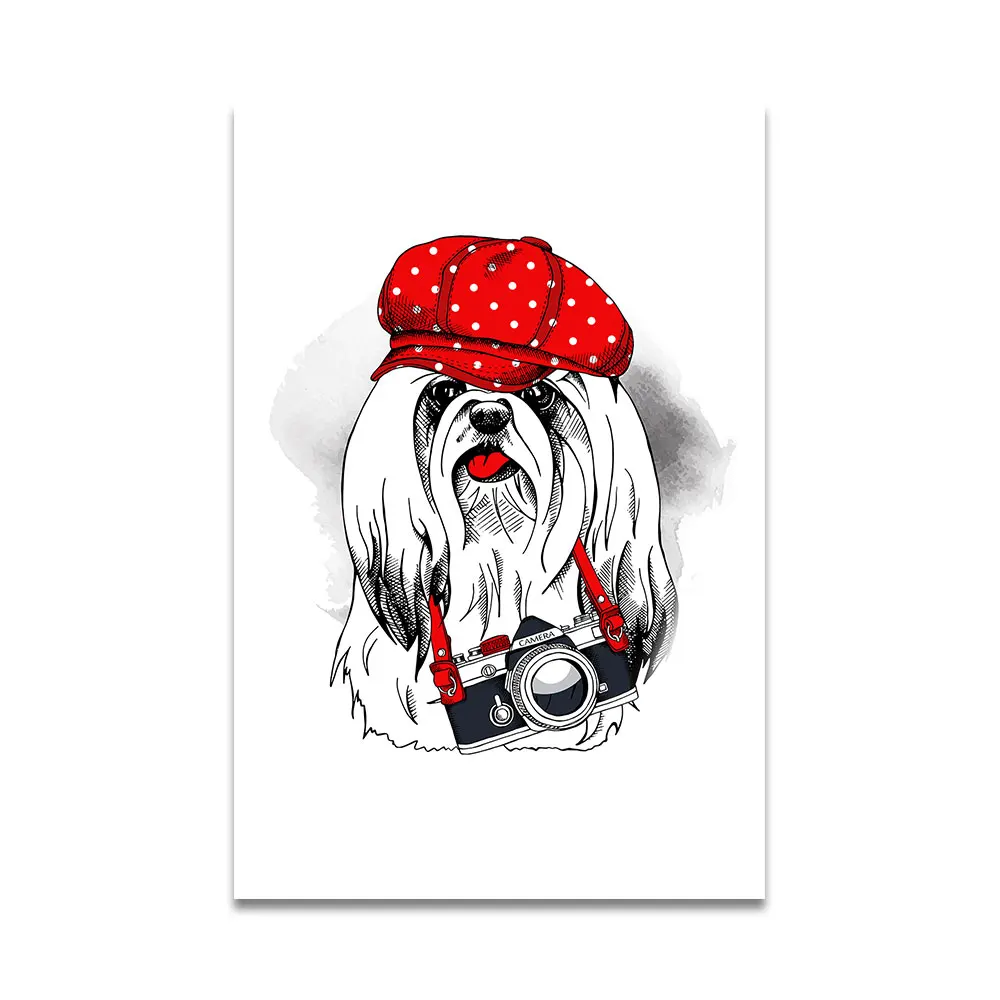 AAVV плакаты и принты Печать на холсте стены Искусство животных картина для гостиной домашний декор собака носить красная шляпа без рамки - Цвет: NP02281-2