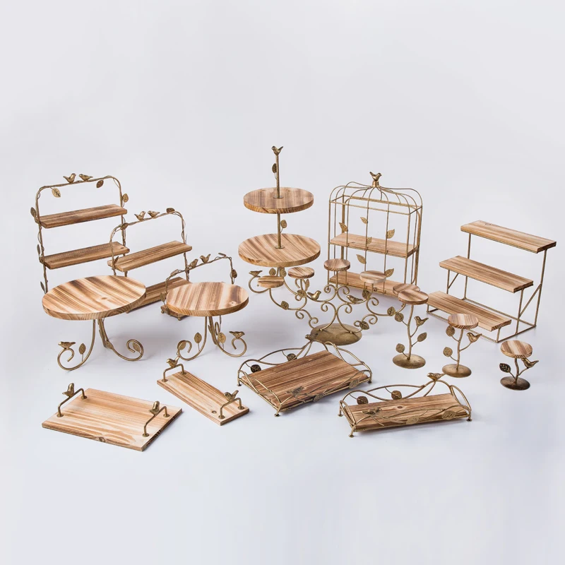 Wood Cake Stands Dessert Tray Bread Baking Shop Display Plates Wedding Home Party Table Decoration Metal Cupcake Stand 1pcs