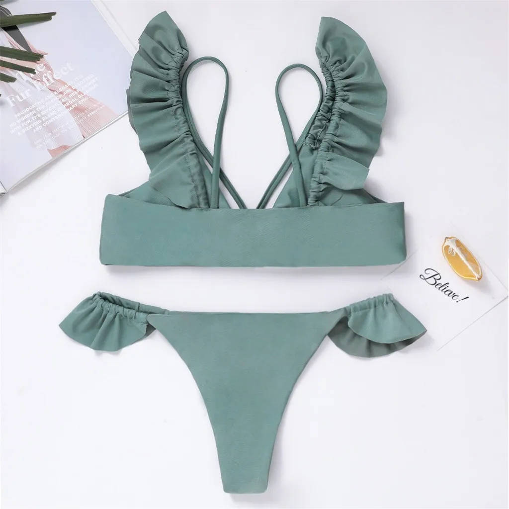

Women Bikini Set Padded Bra Swimsuit -Swimwear Women Solid Strappy Ruffled Flounce Padded Bra Beach Halter Bikini Set Swimsuit