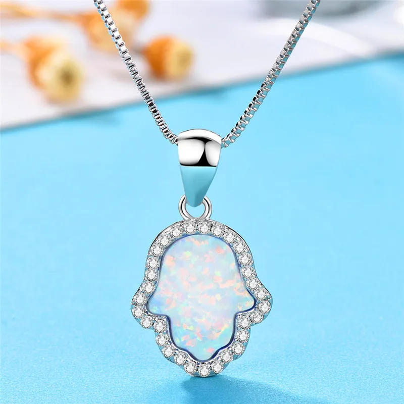 

Boho Female Cactus Pendants Necklaces Fashion 925 Sterling Silver Wedding Necklace Blue White Fire Opal Necklaces For Women