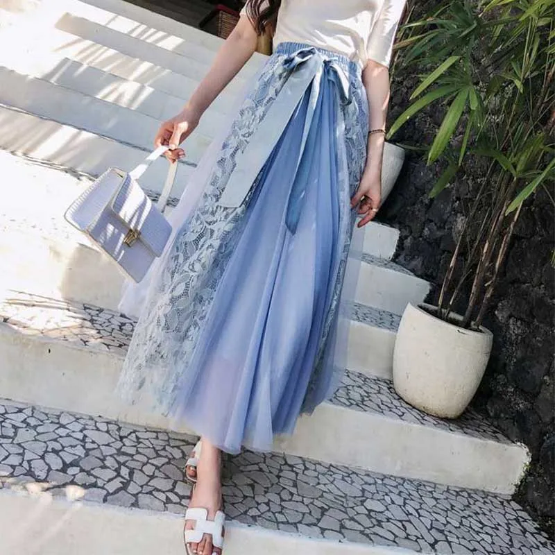 

New Fashion High Waist Lace Long Women Skirt 2019 Hollow Out Ball Gown Pleated Skirts Summer Mesh Skirts Elegant Bow Patchwork