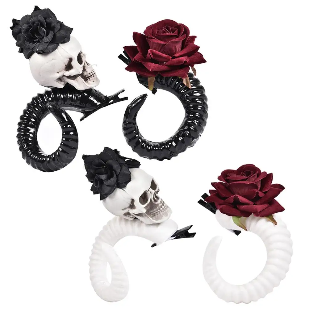 

Gothic Lolita Sheep Ears Horn Headwear Women Hair Accessories Party Cos Rose Skull Hair Clip Halloween Decoration