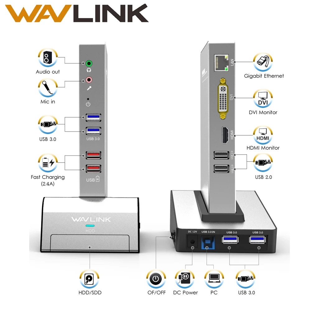 Estación de acoplamiento Universal para portátil USB 3,0 con Base de carcasa HDD y SSD soporte de vídeo Dual HDMI/VGA/DVI a 1152X2048 Gigabit Ethernet - 1