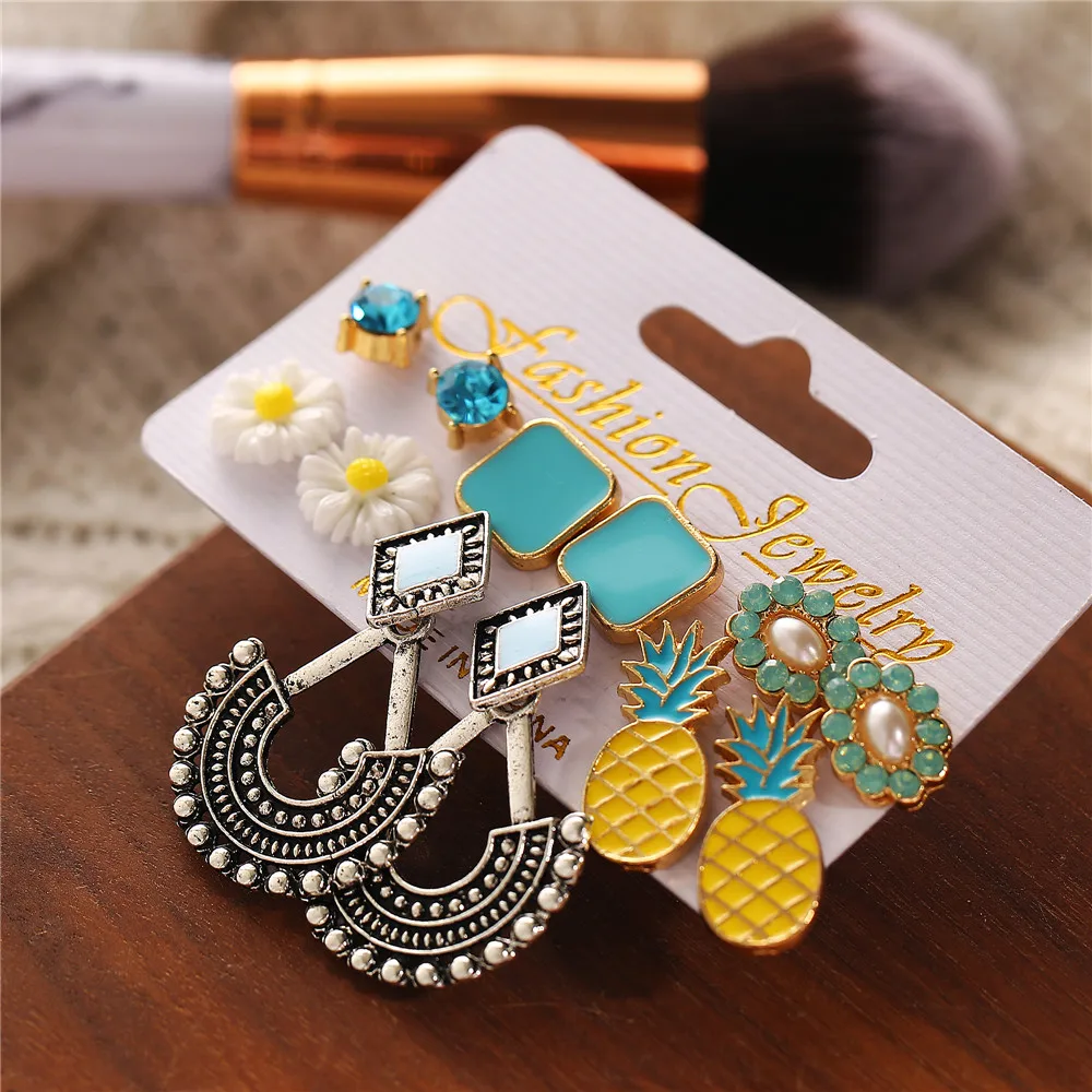 2019 Bohemian Pineapple Flower Stud Earrings Set For Women Vintage Stone Leaf Earrings Female Fashion Brincos Jewelry Wholesale