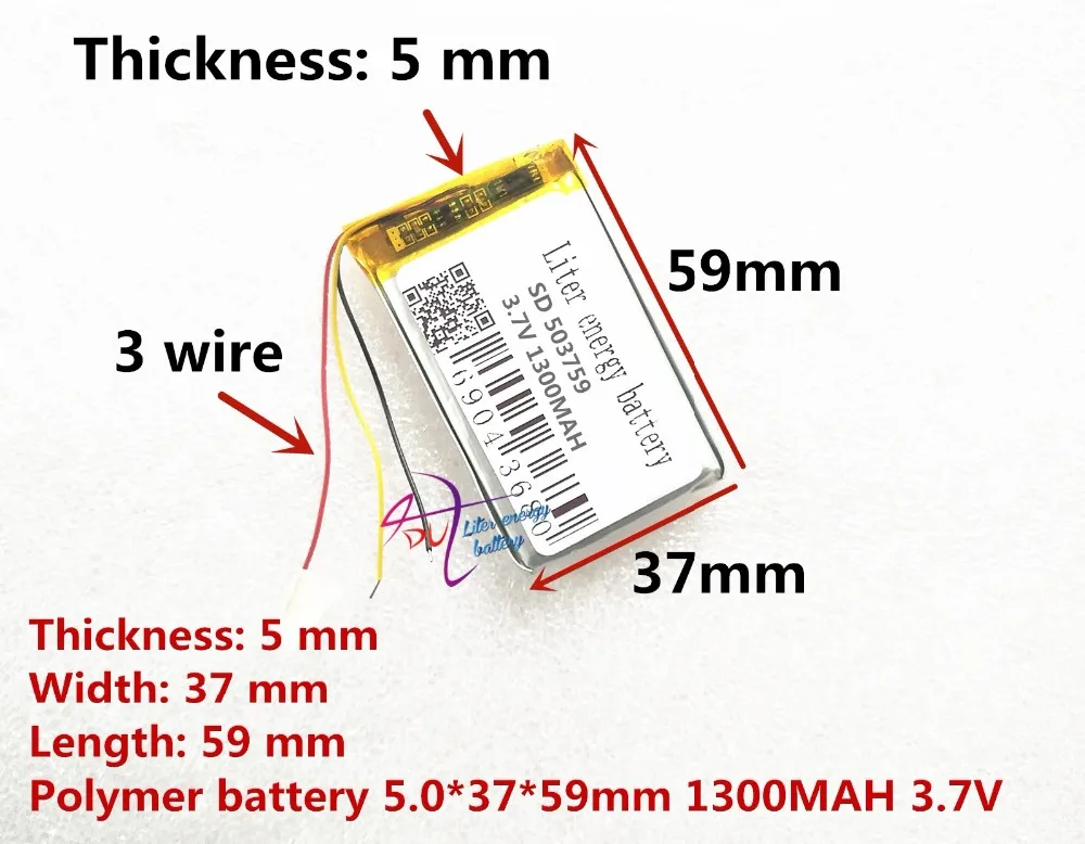 Литровая энергетическая батарея 3 линии 1300mAh литий-полимерная батарея 3,7 V 503759 навигатор MP3 gps универсальный перезаряжаемый аккумулятор 053759