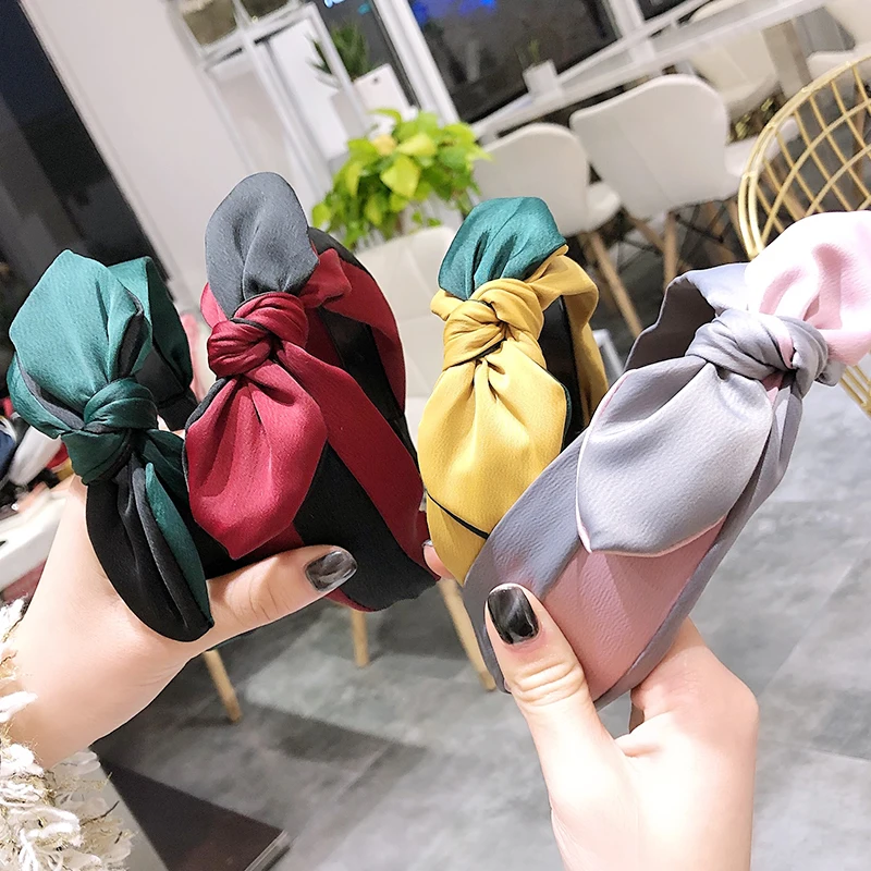 

New Fashion Women Girls Patchwork Knotted Cross Bow Hairband Elegant Chiffon Headband Hair Band Headwear Female Hair Accessories