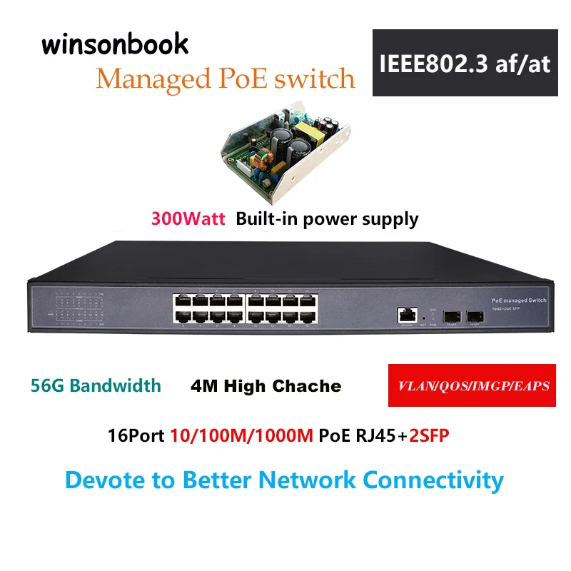 

16 Port 10/100/1000Mbps PoE Ethernet gigabit Switch Managed Switch PoE 48V With 2 Gigabit SFP Slots IGMP VLAN Managed PoE Switch