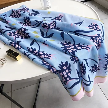 

KYQIAO Bohemian hijab scarf for women autumn spring South Korea fresh sweet long blue white floral scarf cape shawl