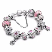 Новое поступление розовый цветок бусины Европейский дизайн браслеты с подвесками и браслеты для женщин ювелирные изделия модный подарок berloques