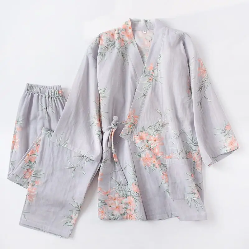 Spring New Comfort Japanese Kimono Pajamas Set Ladies Flower Gauze Cotton Thin Sweat Steaming Suit Cardigan Home Service