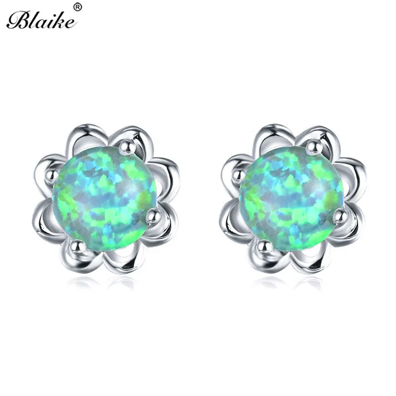 Женские серьги с цветком Blaike синие/зеленые/белые опалом Двухсторонние из серебра