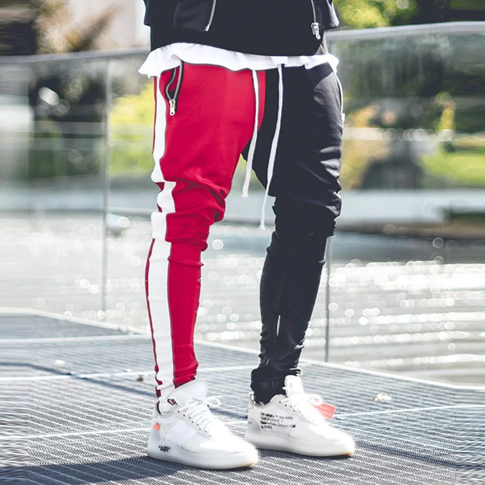 2019  Cotton Mens Long Color Block Street Patchwork Zippers Elastic hip pop Casual Pencil Pant Sweatpants Trousers Jogger Pants