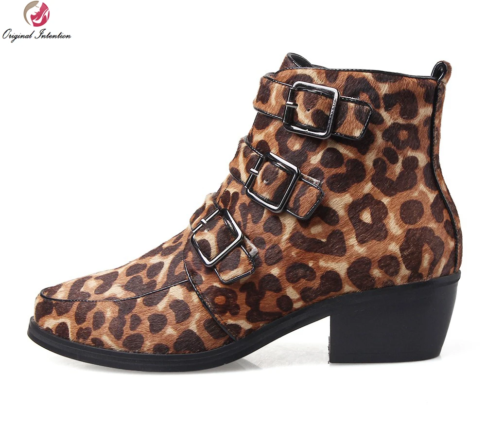 

Original Intention High-quality Women Ankle Boots Pointed Toe Square Heels Beautiful Black Red Leopard Shoes Woman Size 3.5-10.5
