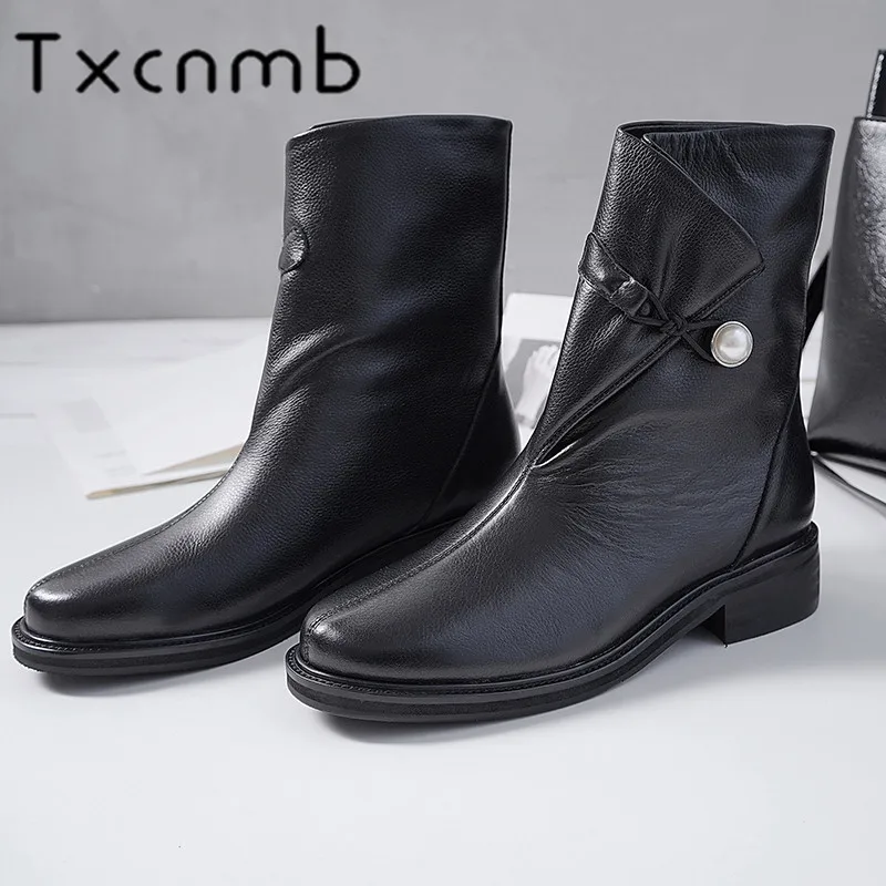 

TXCNMB Fashion Women Ankle Boots Genuine Leather Autumn Winter Warm square Heels Shoes Round Toe Elegant Office Lady Shoes Woman