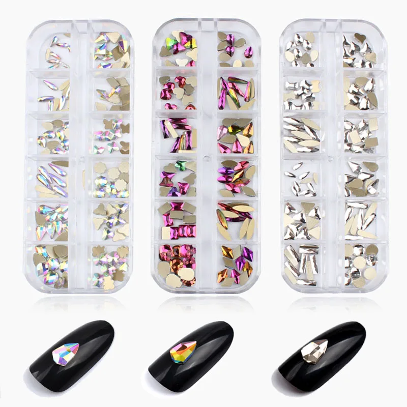 

12grids box Crystal Rhinestone Mixed Shape Non Hotfix Flatback Stone for DIY Nail art accessories