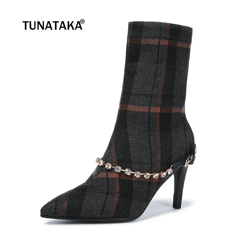 

Women High Quality Buckle Thin Heel Ankle Boots Fashion Lattice Shoes Female Slip On Pointed Toe Fall Winter Bootie Black Gray