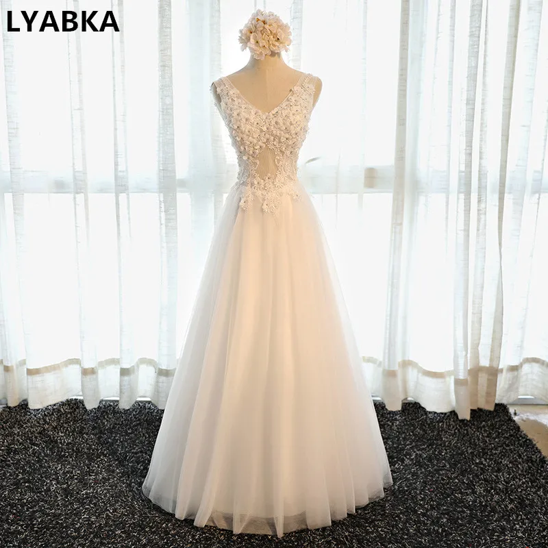 

New Fashion Sexy V-neck Tulle With Appliques Evening Dress Robe De Soiree Vestido De Festa 2019 A-line Evening Dress Real Photo