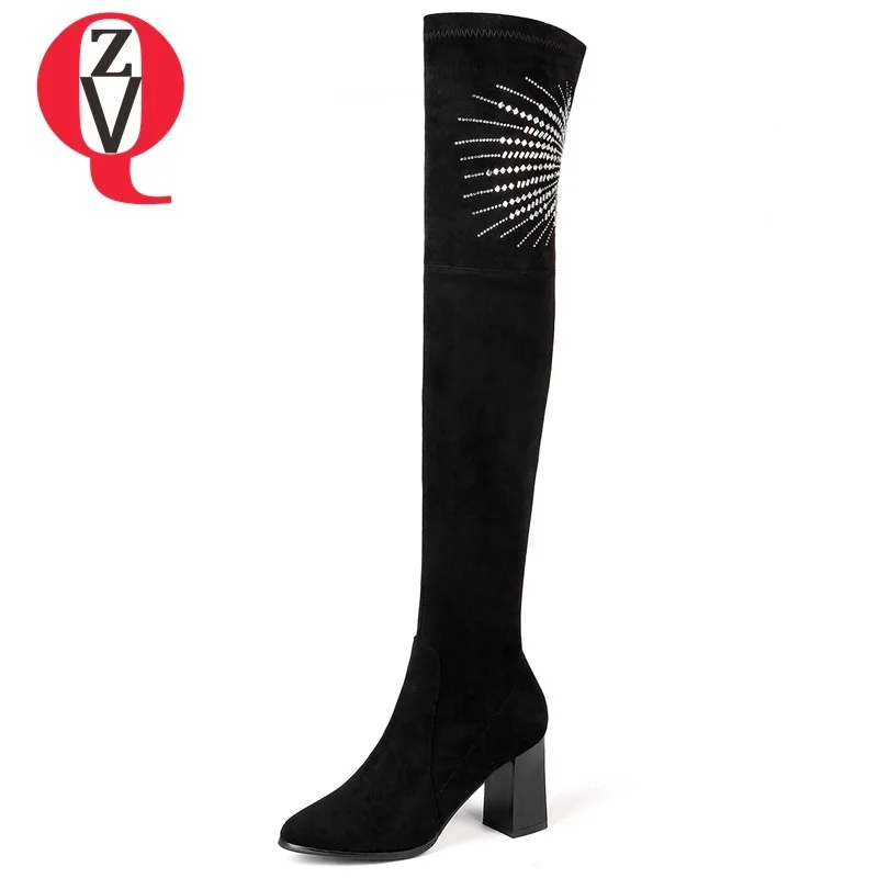 

ZVQ zapatos mujer new fashion pointed toe kid suede slip-on women shoes outside crystal decoration square heel over knee boots