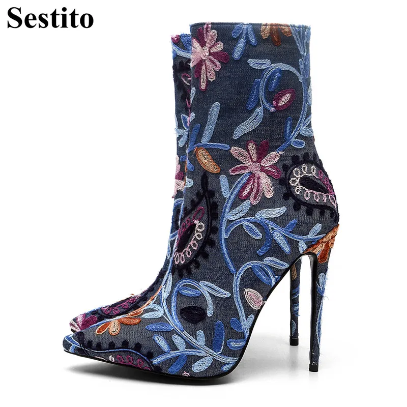 

Fashion Blue Embroider Woman Boots Pointed Toe Mid-Calf Boots For Women Super High Heel Thin Heel Zip Short Boots Women Shoes