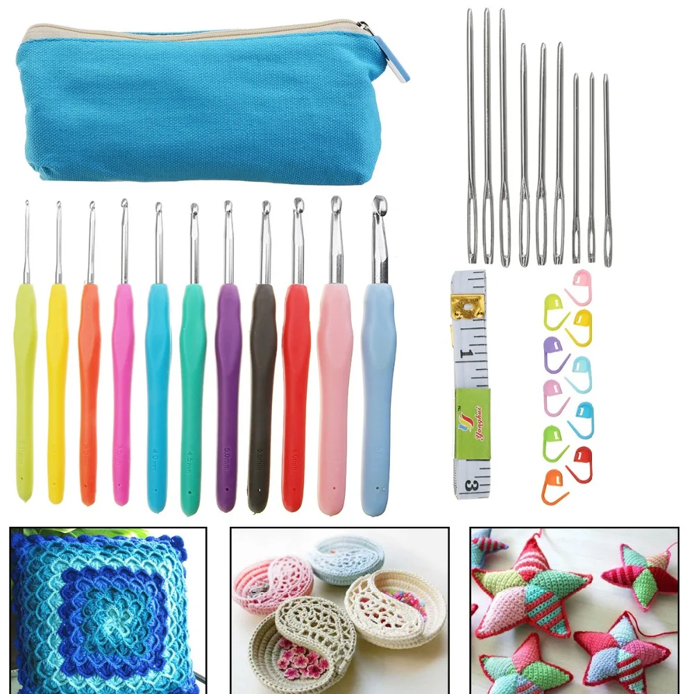 KiWARM 32pcs Crochet Hooks Kit Weave Yarn Knitting Needles DIY Needlework Craft Aluminum Crochet