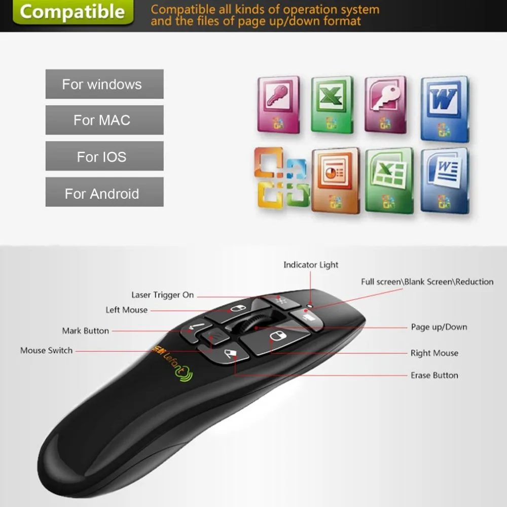 

Lefant F8 Portable 2.4GHz Wireless Presenter with Red Laser for PowerPointer Presentation Remote Control Air Flying Mouse