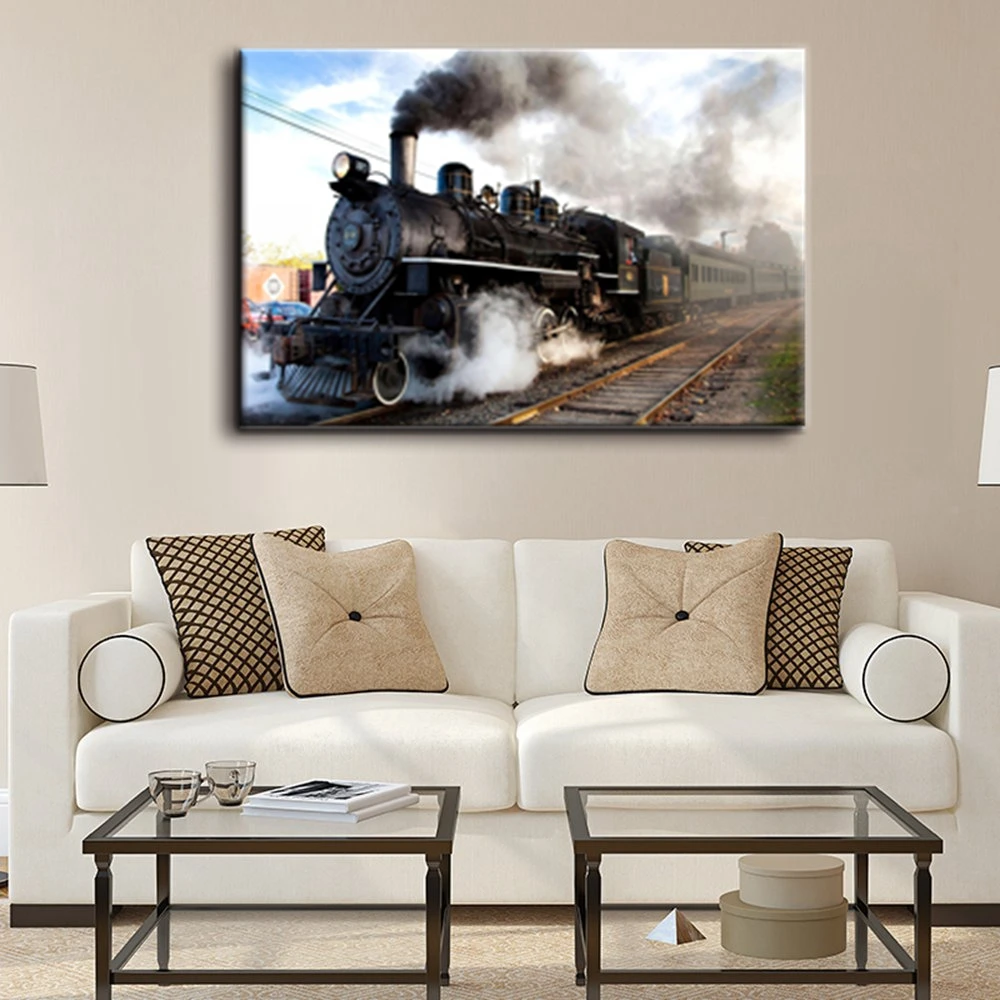 

Living Room Decorative Train With Gray Smoke Steam In Progress Wall Art Painting Picture Print On Canvas for Home Decor Gift 1PC