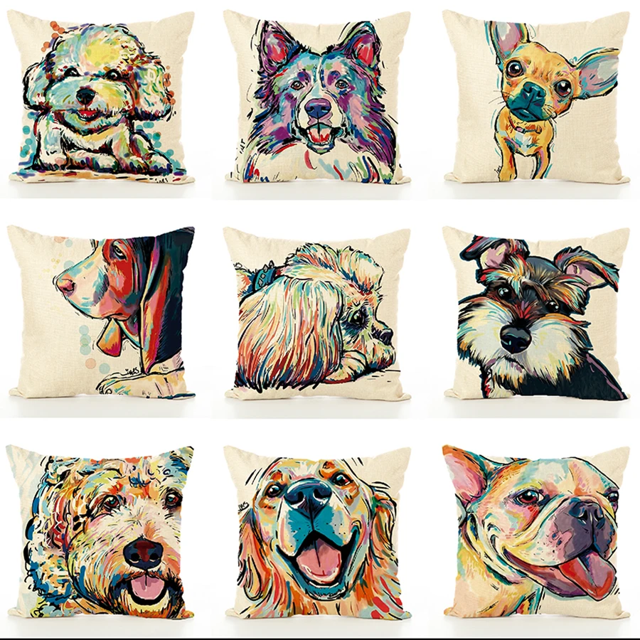 

Cartoon Painting Painting Dog Painted Pillowcase Linen Hug Lumbar Cushion Cover for Office Car Home Decor Living Room Decoration