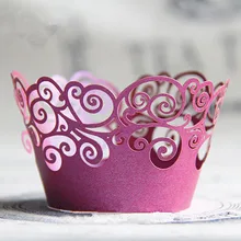 Фиолетовая кружевная обертка для кекса, лазерная резка для маффинов и капкейков чашки обертка жемчужная бумажная упаковка для свадебной вечеринки украшения