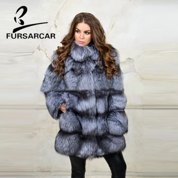 

FURSARCAR 2018 Real Silver Fox Fur Coat Women With Stand Collar High Quality 80 CM Long Female Silver Fox Fur Jacket