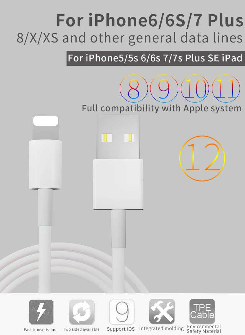 Usb-кабель для зарядки iPhone, светящийся usb-кабель питания 1-3 м, кабель для передачи данных для iPhone 6 6S Plus 7 8 X XS Max XR для ipad