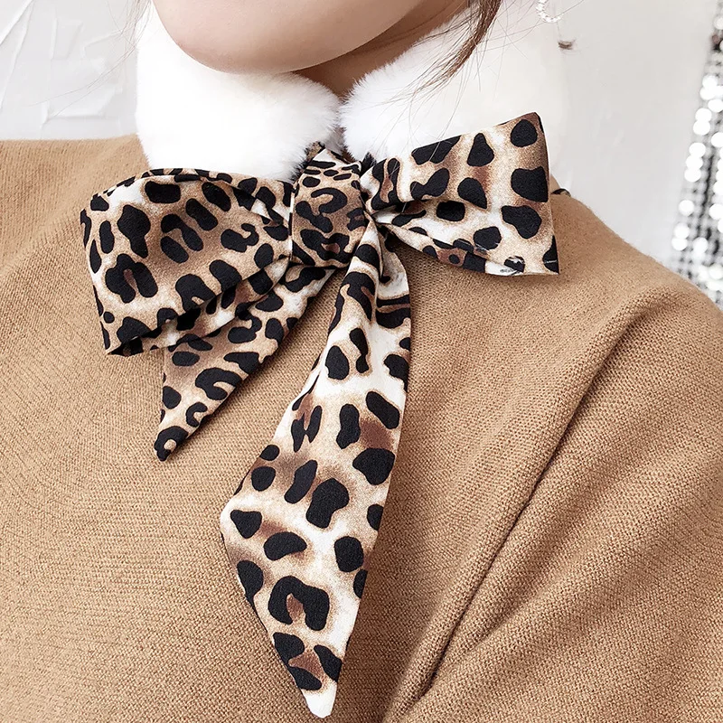 

Scarf Women Ladies Ribbon Winter Plush Collar Faux Fur Scarf Wrap Neck Warmer Leopard Print Scarf Women