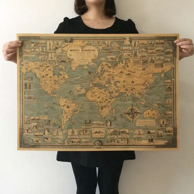

Vintage World Map Great Building Retro Maps Kraft Paper Poster Paint vintage Wall Sticker Art Crafts Maps bar cafe Decor 67x51cm