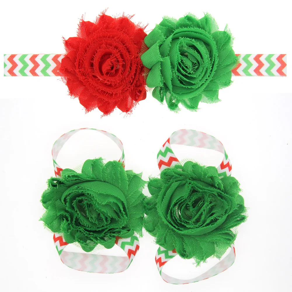 

THBOXES Christmas Baby Girls Barefoot Sandals Newborn Infant Flower Shoes Red&green Color Chiffon flower Headband Photo Props