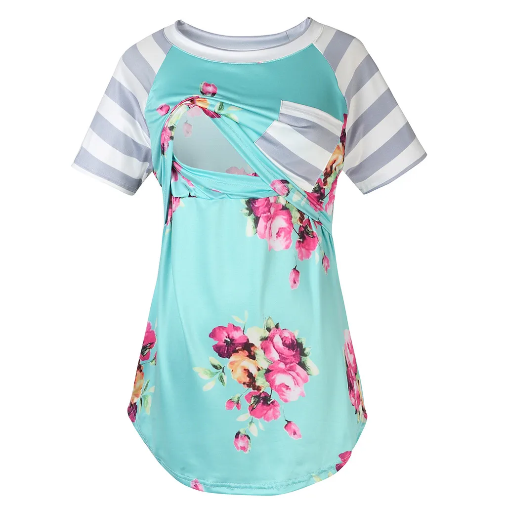 New Breastfeeding Clothes Women Pregnant Short Sleeve Striped Print Patchwork Tops Nursing Shirt Premama Summer Mother Clothes