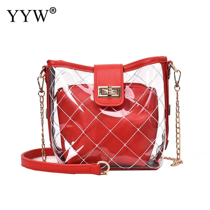 

New Beach Transparent Bag Women Summer Clear Pu Crossbody Bag Flap Girl 2019 Women Jelly Zipper Red Handbags Yellow Bucket Bag