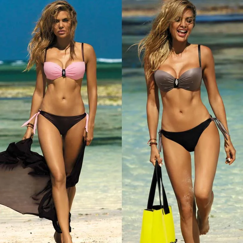 Bikini Set Sexy Mature Temperament Swimwear For Woman Swimsuit Smooth Fabric Grey Black Adjustable Shoulder Straps