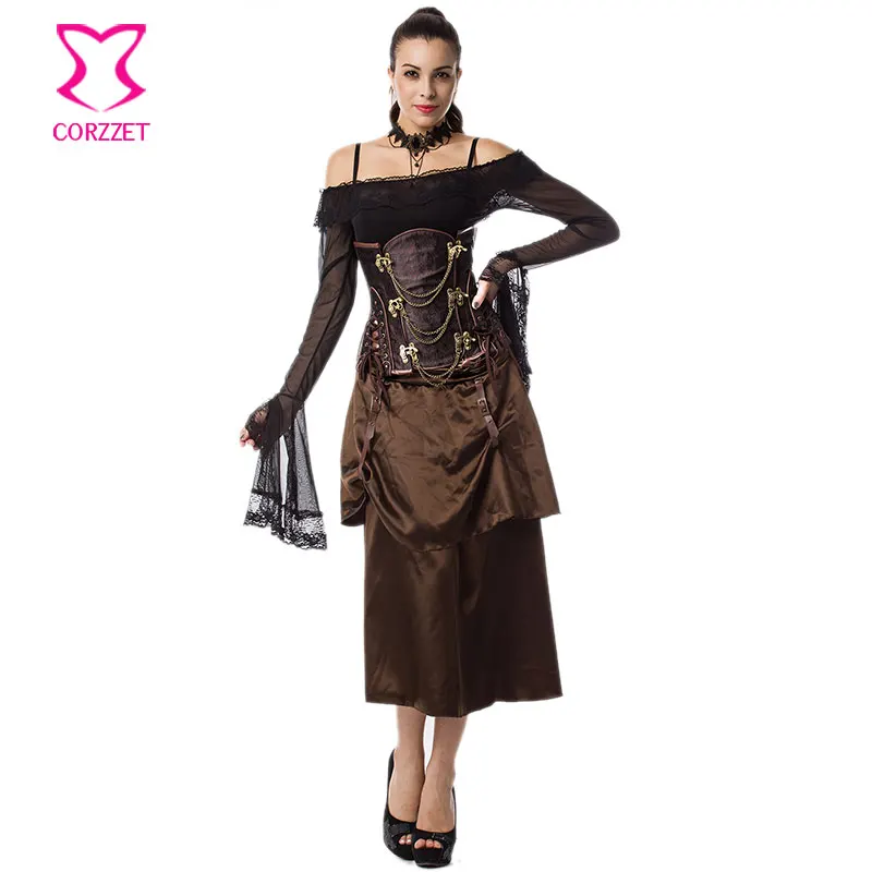 Vintage Brown Underbust Corset Sexy Skirt Burlesque Outfits Steampunk