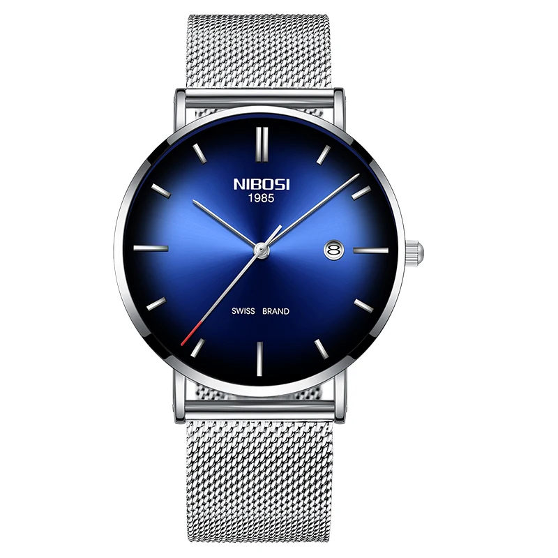 NIBOSI Топ люксовый бренд часы мужские унисекс часы женские водонепроницаемые простой стиль сетка нержавеющая сталь Relogio Masculino - Цвет: Silver blue silver m