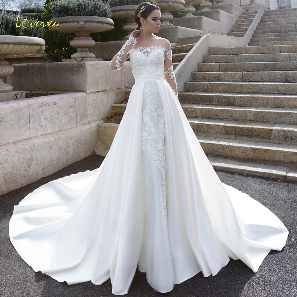 Loverxu Illusion Scoop Mermaid Wedding Dress Appliques Long Sleeve Bride Dresses Chapel Detachable Train Satin Bridal Gowns