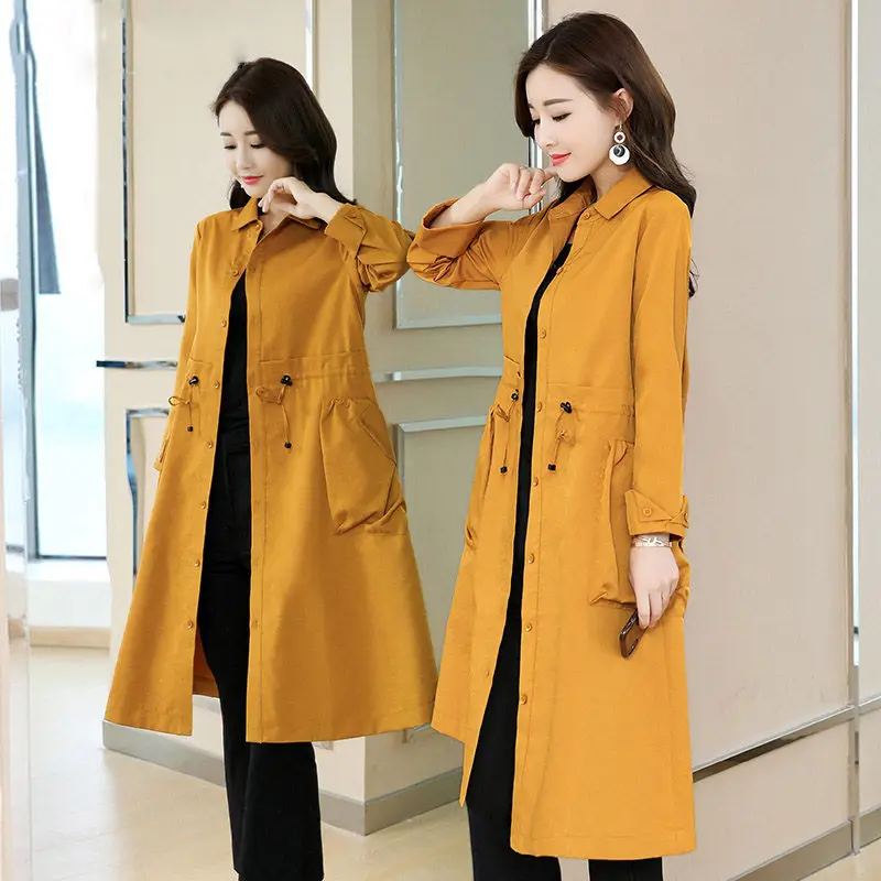 yellow jacket skirt Большие размеры, однотонный длинный плащ, пальто, женская блуза,, весна-осень, новинка, корейский стиль, Cazadora De Mujer, ветровка, Chaquetas f336 - Цвет: yellow jacket skirt