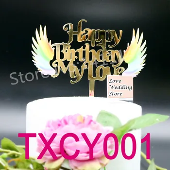 

Colorful Mirror Gold Happy Birthday My Love Wedding Cake Topper with Wings Engagement / Birthday Cake Topper Party Decoration