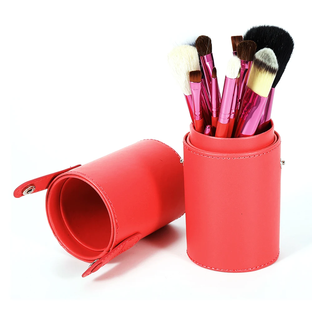 Кожаный натуральный чехол для инструментов Duos bucket Rod, дорожный органайзер для косметики, коробка для косметики, сумка, набор кистей для макияжа - Цвет: Красный