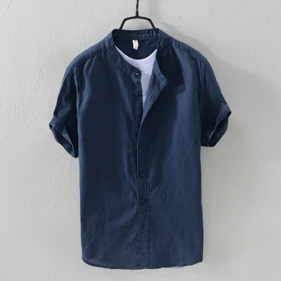 Летние модные мужские рубашки с воротником-стойкой, однотонные хлопковые мужские льняные рубашки с коротким рукавом, Высококачественная Уличная Повседневная футболка - Цвет: Тёмно-синий