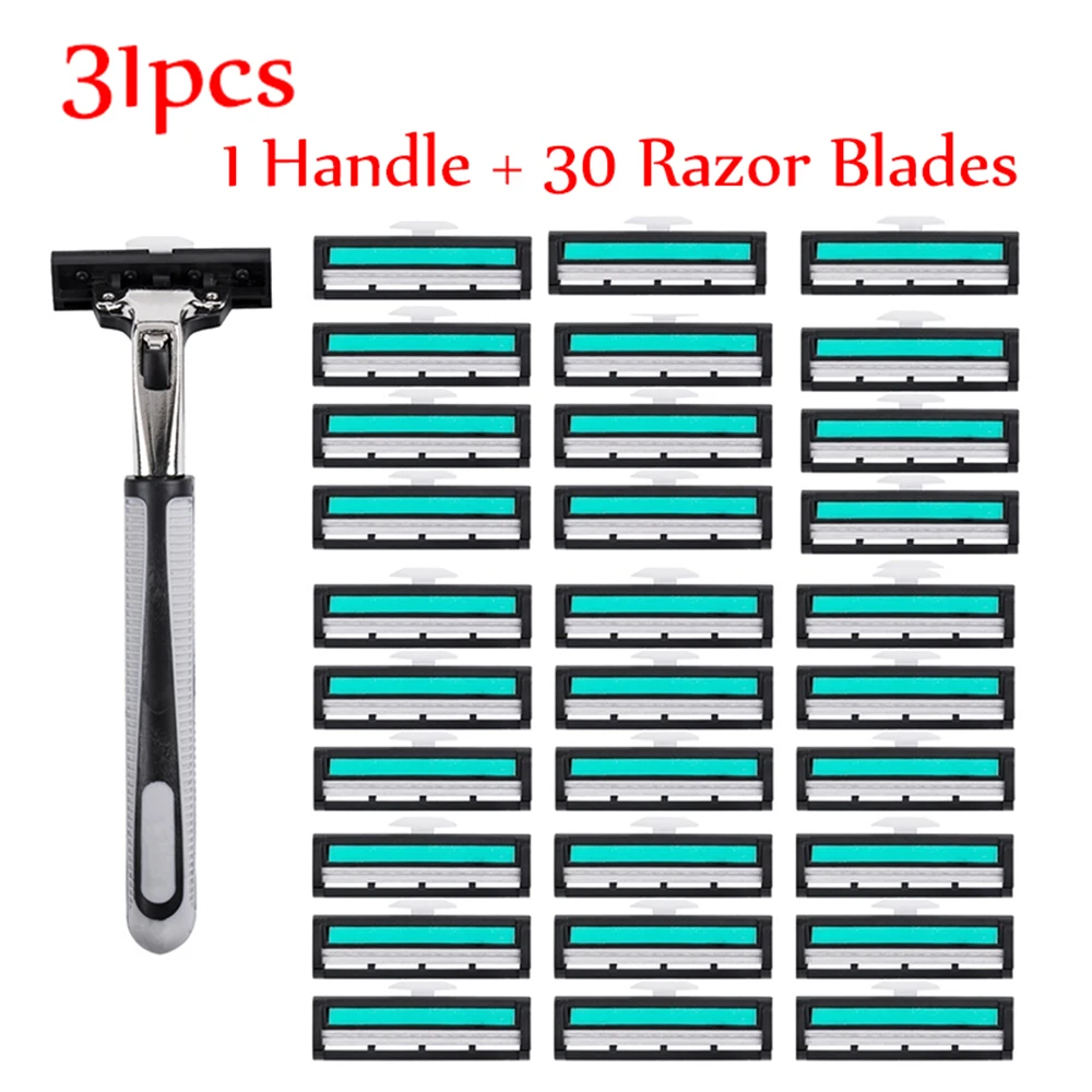 

31Pcs/Set Men Safety Razor Handle Shaving Razor Manual Replaceable Razor Beard Trimmer With 30Pcs Double Layers Razor Bladese