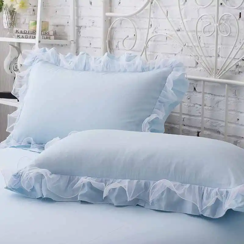 Korean Style Lace Pillow Cover Set - Elegant Solid Color Princess Bedding in White, Blue, or Purple (48x74cm)