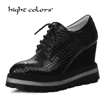 

New Brogues Women Platform Shoes Lace Up Creeper Oxford Fashion Wedge Shoes For Women Wingtip College Casual High Heels D193-8