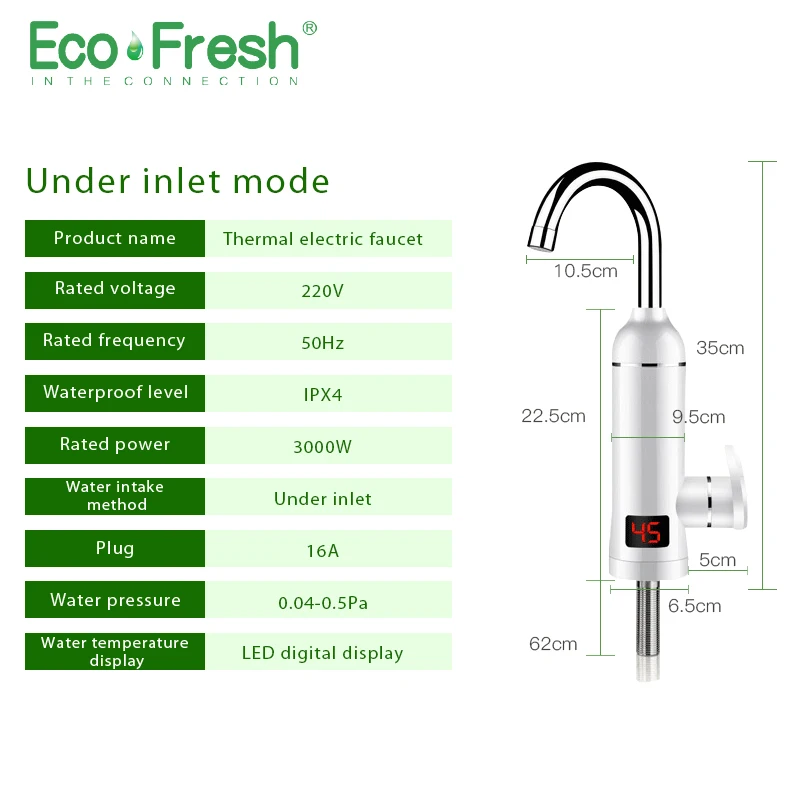 Ecofresh Instant Hot Water Heater Tap Fast Instantaneous Thermostat for Water Heater 3000w Electrical Faucet Temperature Display