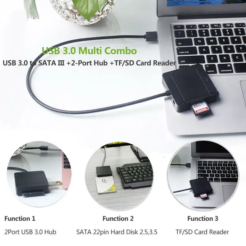 USB 3,0 на SATA III жесткий диск Кабель-адаптер Поддержка UASP для 2,5 3,5 дюймов SSD HDD с 2- порты и разъёмы USB 3,0 и SD/TF Card Reader