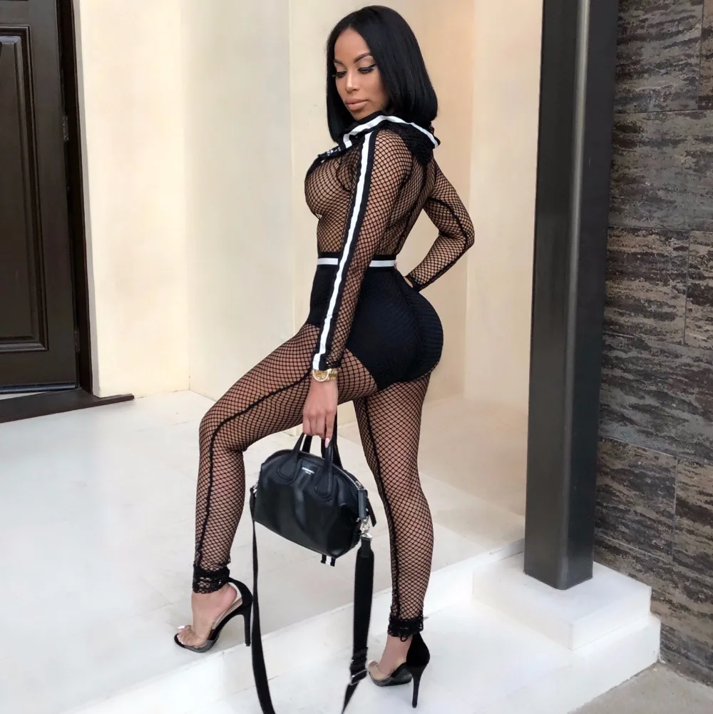Wendywu الأزياء شبكة مثير ارتداءها النساء شفافة طويلة الأكمام مقنعين شبكة صيد السمك Playsuit 2018 ثوب فضفاض للمرأة بذلة الجسم موهير